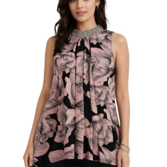 Alfani Tops - Alfani Women's Floral Sleeveless Top Blouse Beaded Neck Black Purple Size Large